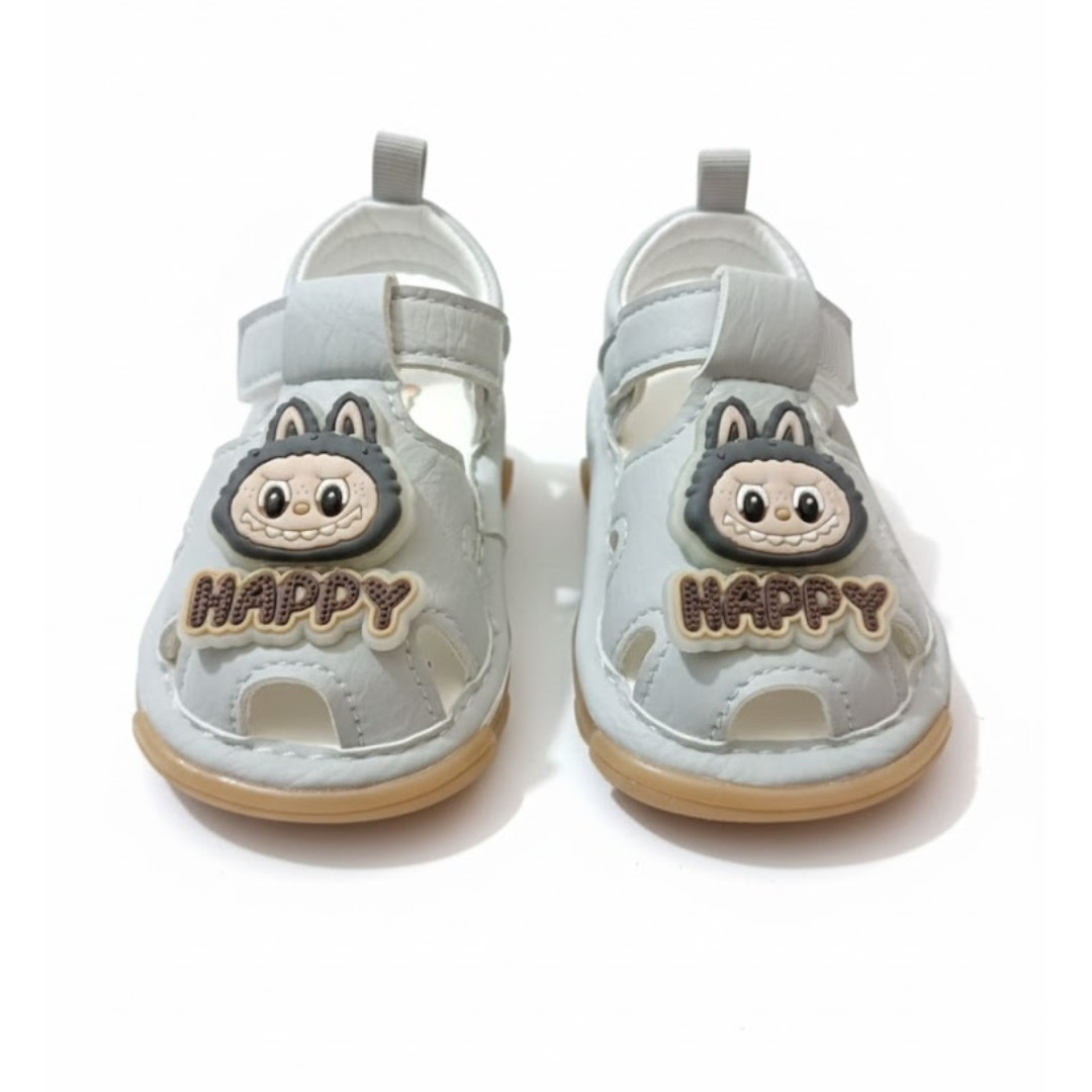 Grey “HAPPY” Cartoon Baby Sandals with Light